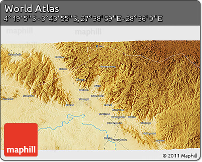 Physical 3D Map of the Area around 4° 1' 30" S, 28° 7' 30" E