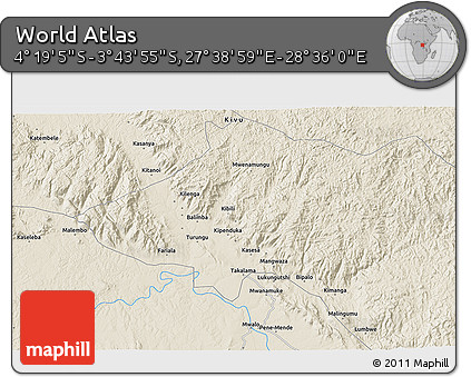 Shaded Relief 3D Map of the Area around 4° 1' 30" S, 28° 7' 30" E