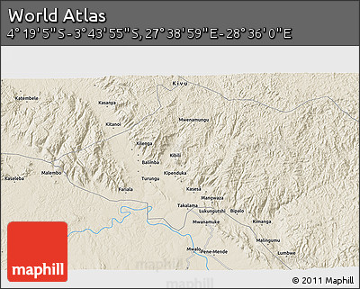 Shaded Relief 3D Map of the Area around 4° 1' 30" S, 28° 7' 30" E