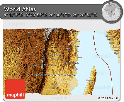 Physical 3D Map of the Area around 4° 1' 30" S, 28° 58' 30" E