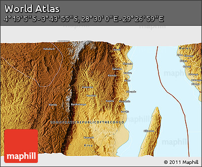 Physical 3D Map of the Area around 4° 1' 30" S, 28° 58' 30" E