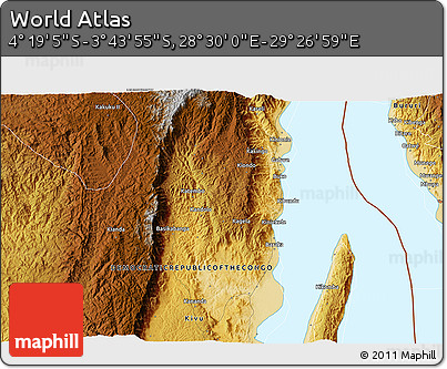 Physical 3D Map of the Area around 4° 1' 30" S, 28° 58' 30" E
