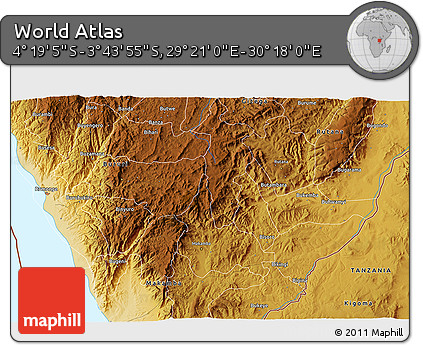 Physical 3D Map of the Area around 4° 1' 30" S, 29° 49' 30" E