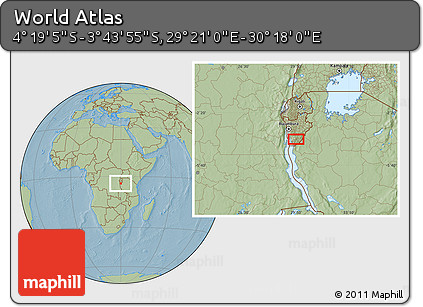 Savanna Style Location Map of the Area around 4° 1' 30" S, 29° 49' 30" E, hill shading