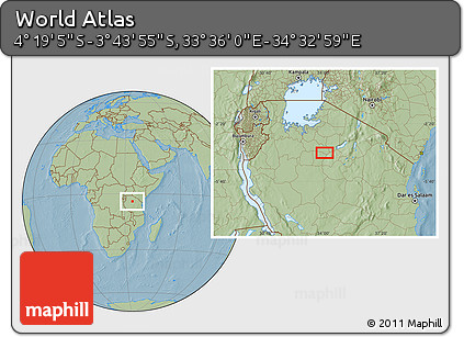 Savanna Style Location Map of the Area around 4° 1' 30" S, 34° 4' 30" E, hill shading