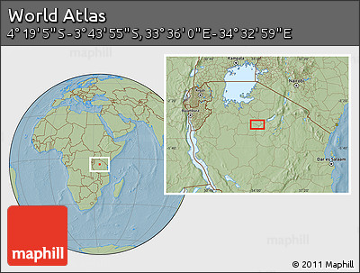 Savanna Style Location Map of the Area around 4° 1' 30" S, 34° 4' 30" E, hill shading