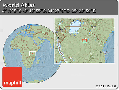 Savanna Style Location Map of the Area around 4° 1' 30" S, 34° 55' 29" E, hill shading