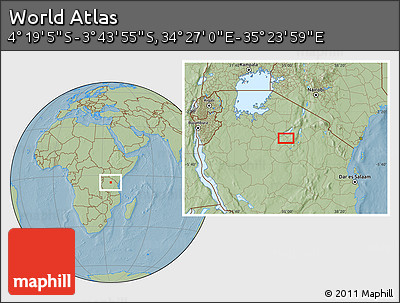 Savanna Style Location Map of the Area around 4° 1' 30" S, 34° 55' 29" E, hill shading