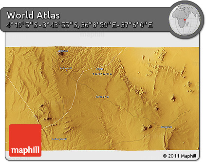 Physical 3D Map of the Area around 4° 1' 30" S, 36° 37' 30" E