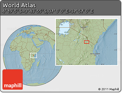 Savanna Style Location Map of the Area around 4° 1' 30" S, 37° 28' 30" E, hill shading
