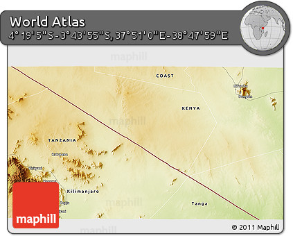 Physical 3D Map of the Area around 4° 1' 30" S, 38° 19' 30" E
