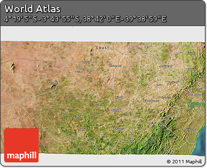 Satellite 3D Map of the Area around 4° 1' 30" S, 39° 10' 29" E