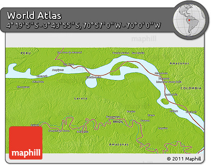 Physical 3D Map of the Area around 4° 1' 30" S, 70° 28' 29" W