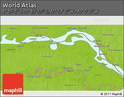 Physical 3D Map of the Area around 4° 1' 30" S, 70° 28' 29" W