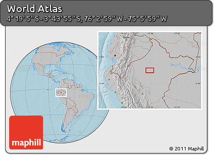 Gray Location Map of the Area around 4° 1' 30" S, 75° 34' 29" W, hill shading