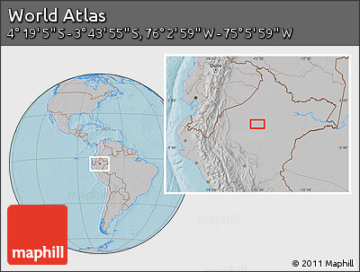 Gray Location Map of the Area around 4° 1' 30" S, 75° 34' 29" W, hill shading