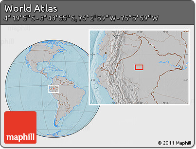 Gray Location Map of the Area around 4° 1' 30" S, 75° 34' 29" W, hill shading