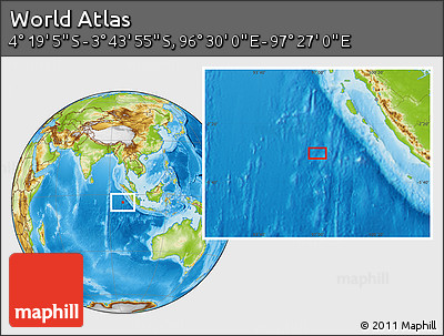 Physical Location Map of the Area around 4° 1' 30" S, 96° 58' 29" E