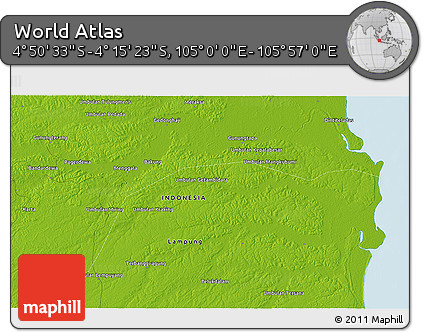 Physical 3D Map of the Area around 4° 32' 58" S, 105° 28' 29" E