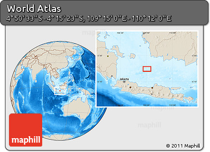 Shaded Relief Location Map of the Area around 4° 32' 58" S, 109° 43' 29" E