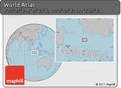 Gray Location Map of the Area around 4° 32' 58" S, 110° 34' 29" E, hill shading