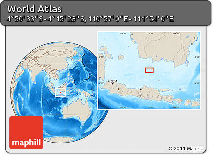 Shaded Relief Location Map of the Area around 4° 32' 58" S, 111° 25' 30" E