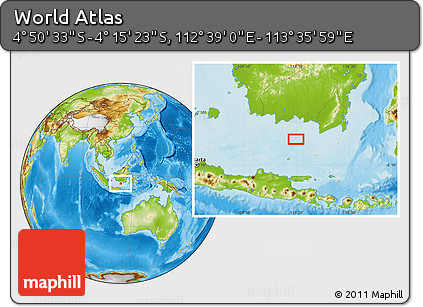 Physical Location Map of the Area around 4° 32' 58" S, 113° 7' 30" E