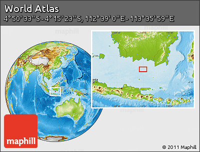 Physical Location Map of the Area around 4° 32' 58" S, 113° 7' 30" E