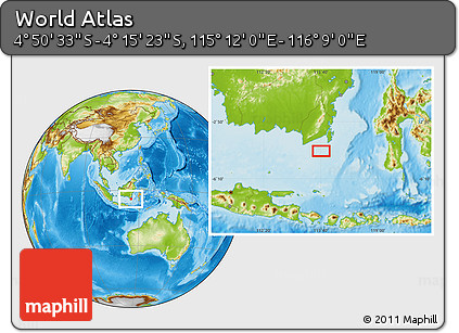 Physical Location Map of the Area around 4° 32' 58" S, 115° 40' 30" E