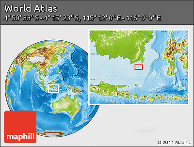 Physical Location Map of the Area around 4° 32' 58" S, 115° 40' 30" E