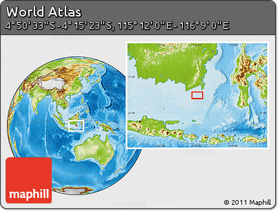 Physical Location Map of the Area around 4° 32' 58" S, 115° 40' 30" E