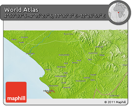 Physical 3D Map of the Area around 4° 32' 58" S, 11° 58' 29" E
