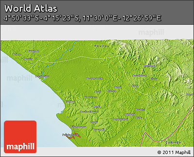 Physical 3D Map of the Area around 4° 32' 58" S, 11° 58' 29" E