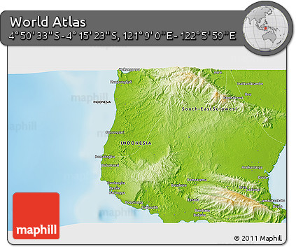 Physical 3D Map of the Area around 4° 32' 58" S, 121° 37' 30" E