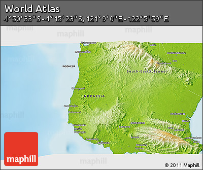 Physical 3D Map of the Area around 4° 32' 58" S, 121° 37' 30" E