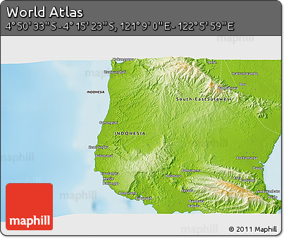 Physical 3D Map of the Area around 4° 32' 58" S, 121° 37' 30" E