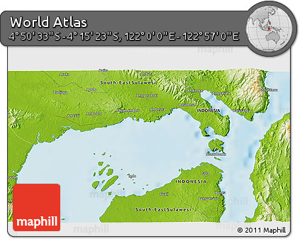 Physical 3D Map of the Area around 4° 32' 58" S, 122° 28' 29" E