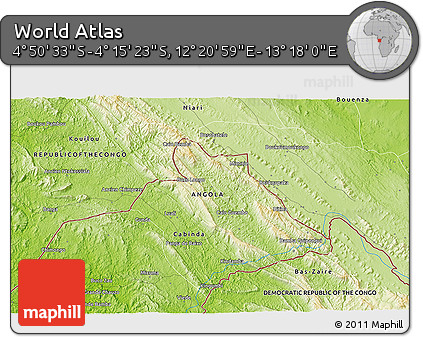 Physical 3D Map of the Area around 4° 32' 58" S, 12° 49' 29" E