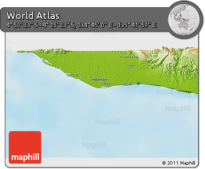 Physical 3D Map of the Area around 4° 32' 58" S, 135° 13' 29" E