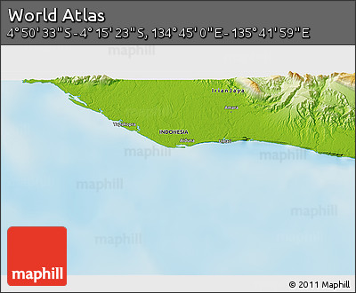 Physical 3D Map of the Area around 4° 32' 58" S, 135° 13' 29" E