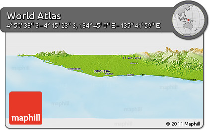 Physical Panoramic Map of the Area around 4° 32' 58" S, 135° 13' 29" E