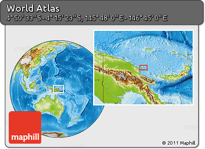 Physical Location Map of the Area around 4° 32' 58" S, 146° 16' 30" E