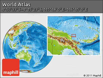 Physical Location Map of the Area around 4° 32' 58" S, 146° 16' 30" E