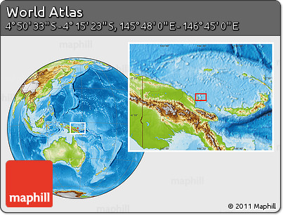 Physical Location Map of the Area around 4° 32' 58" S, 146° 16' 30" E