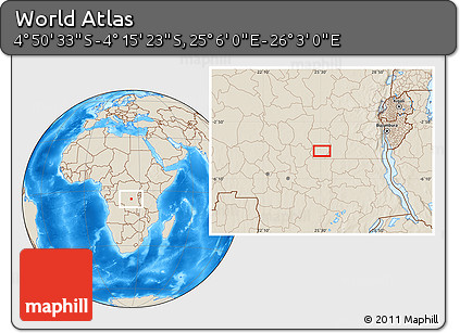 Shaded Relief Location Map of the Area around 4° 32' 58" S, 25° 34' 30" E