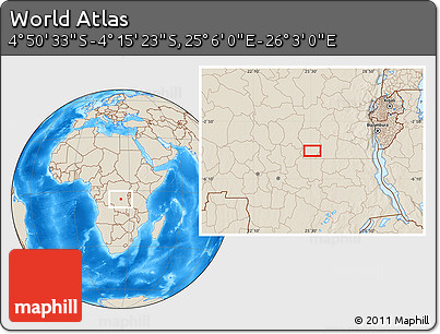 Shaded Relief Location Map of the Area around 4° 32' 58" S, 25° 34' 30" E