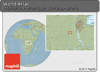 Savanna Style Location Map of the Area around 4° 32' 58" S, 27° 16' 29" E, hill shading