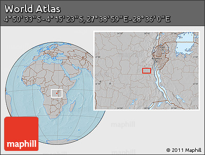 Gray Location Map of the Area around 4° 32' 58" S, 28° 7' 30" E, hill shading