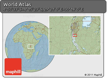 Savanna Style Location Map of the Area around 4° 32' 58" S, 29° 49' 30" E, hill shading