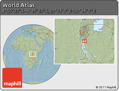 Savanna Style Location Map of the Area around 4° 32' 58" S, 29° 49' 30" E, hill shading